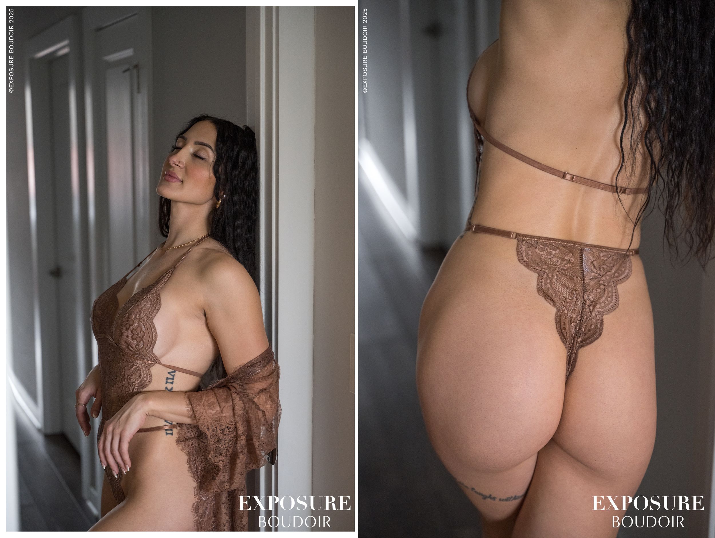 Woman in soft brown lace lingerie poses in dramatic window lighting showing delicate garment details.