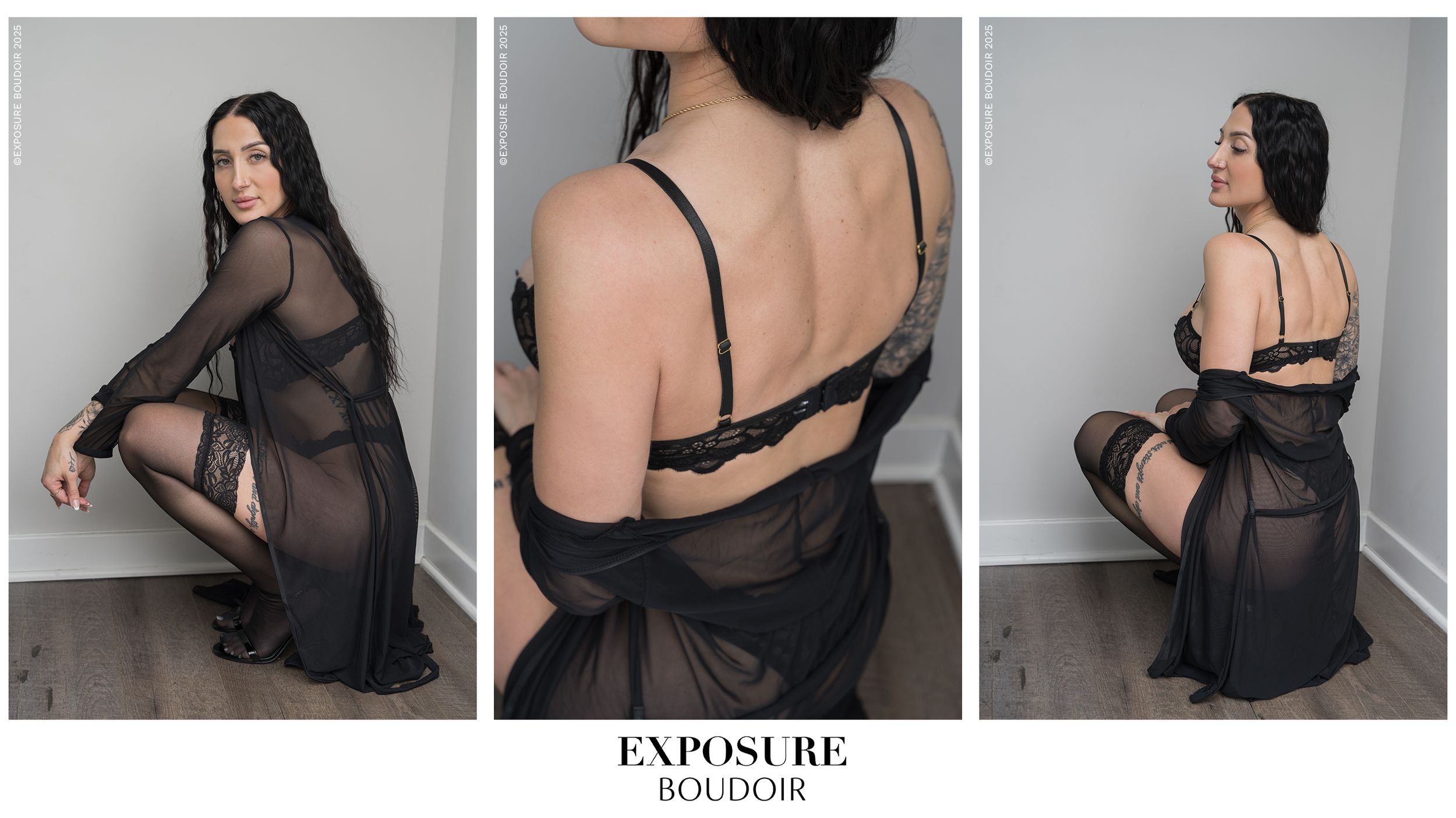 A woman poses in a sheer black full-length gown with strappy back detail against a grey backdrop.