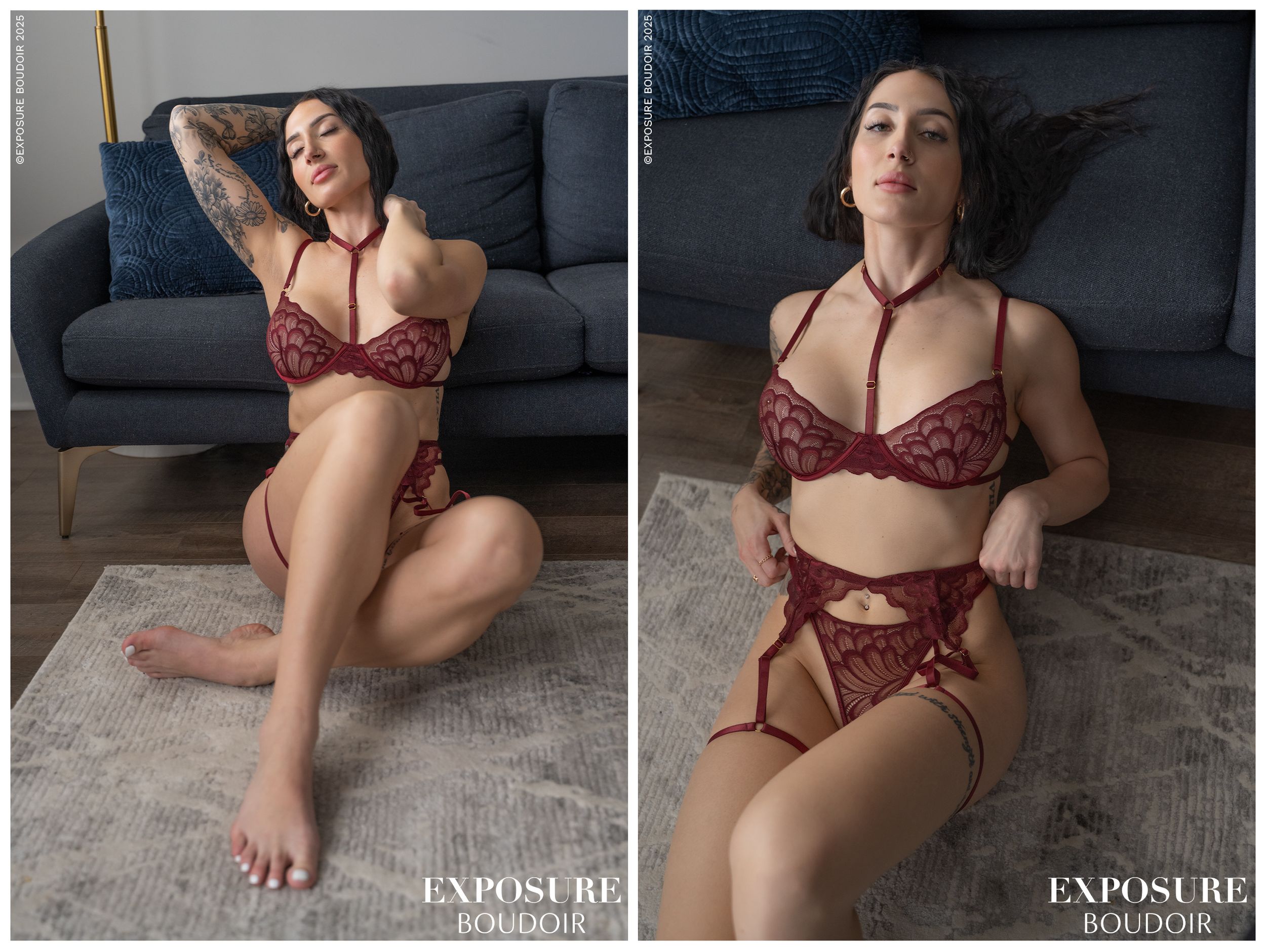 A woman in burgundy lingerie poses sensually against a dark atmosphere on a grey rug.