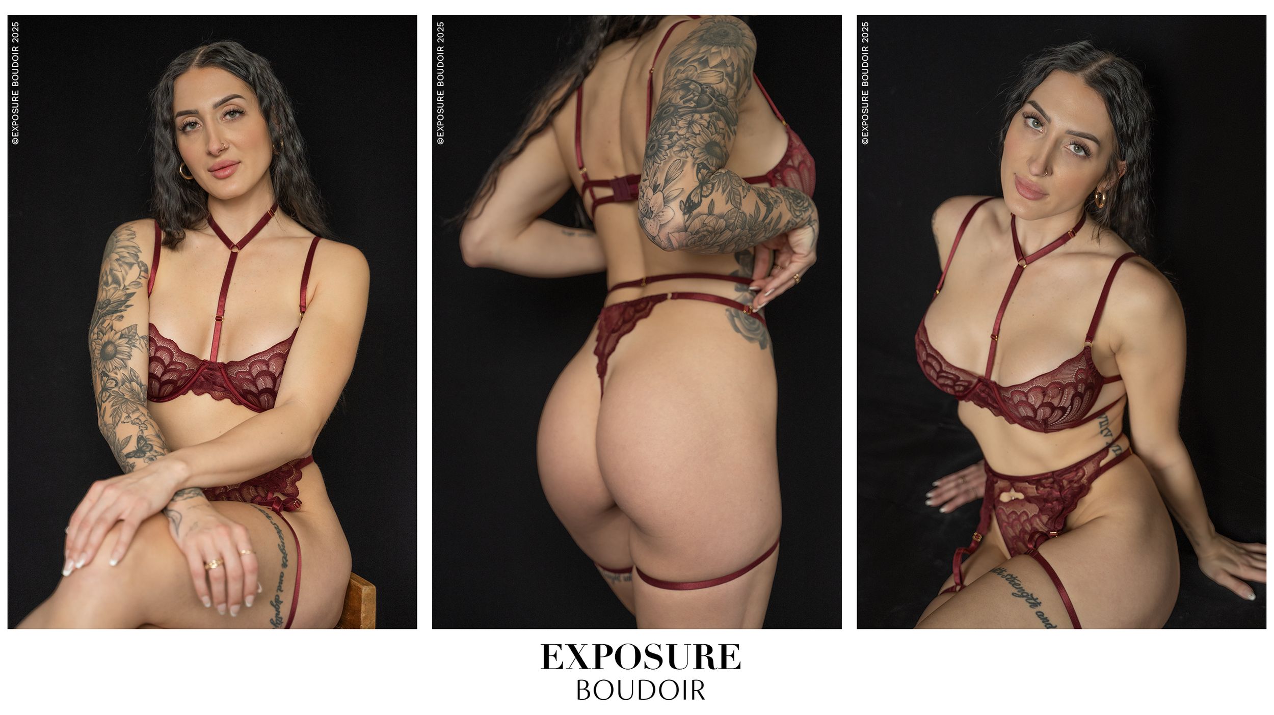Intimate boudoir photos featuring burgundy strappy lingerie set on black background.