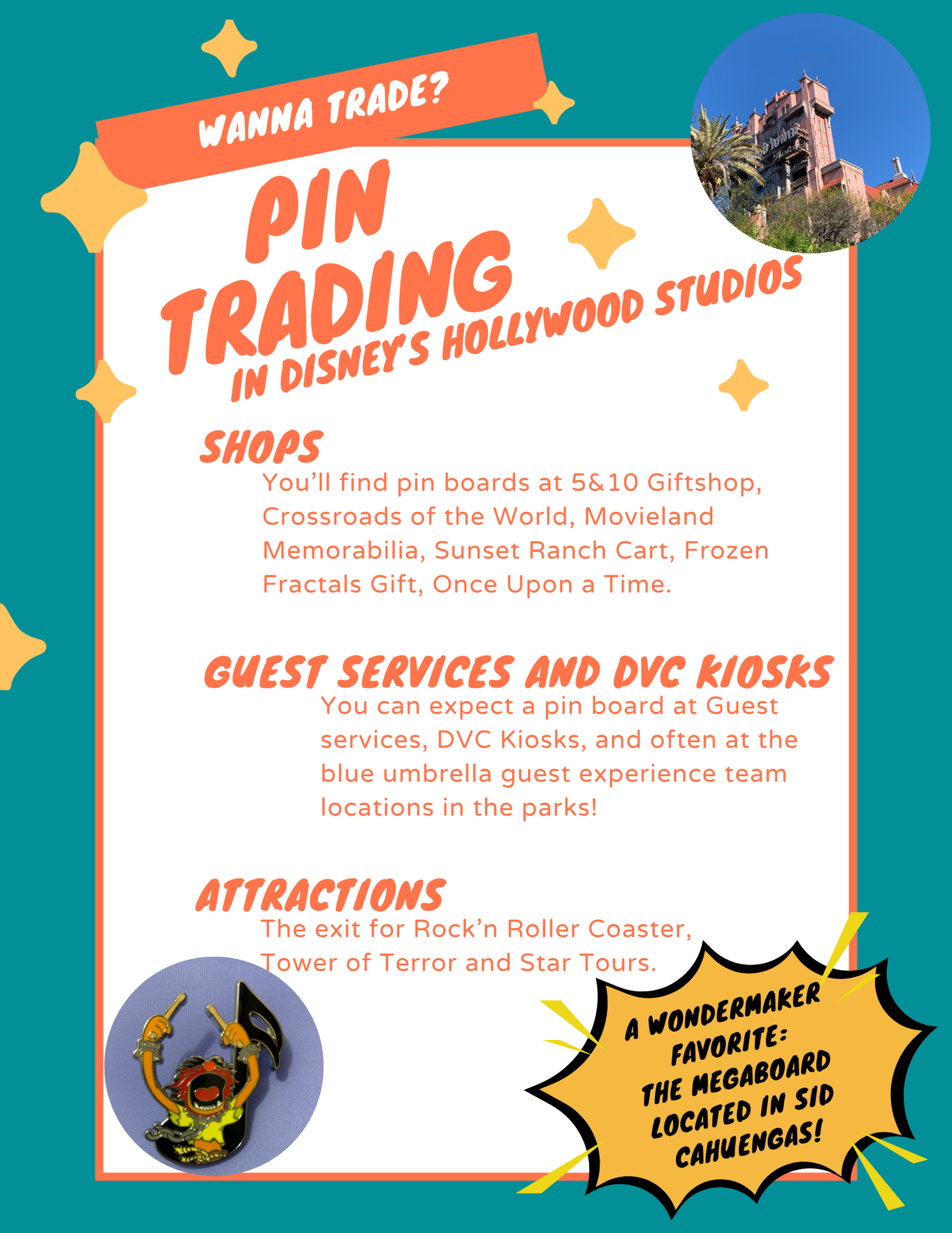 Pin trading location guide for Disney's Hollywood Studios featuring attraction and shop details.