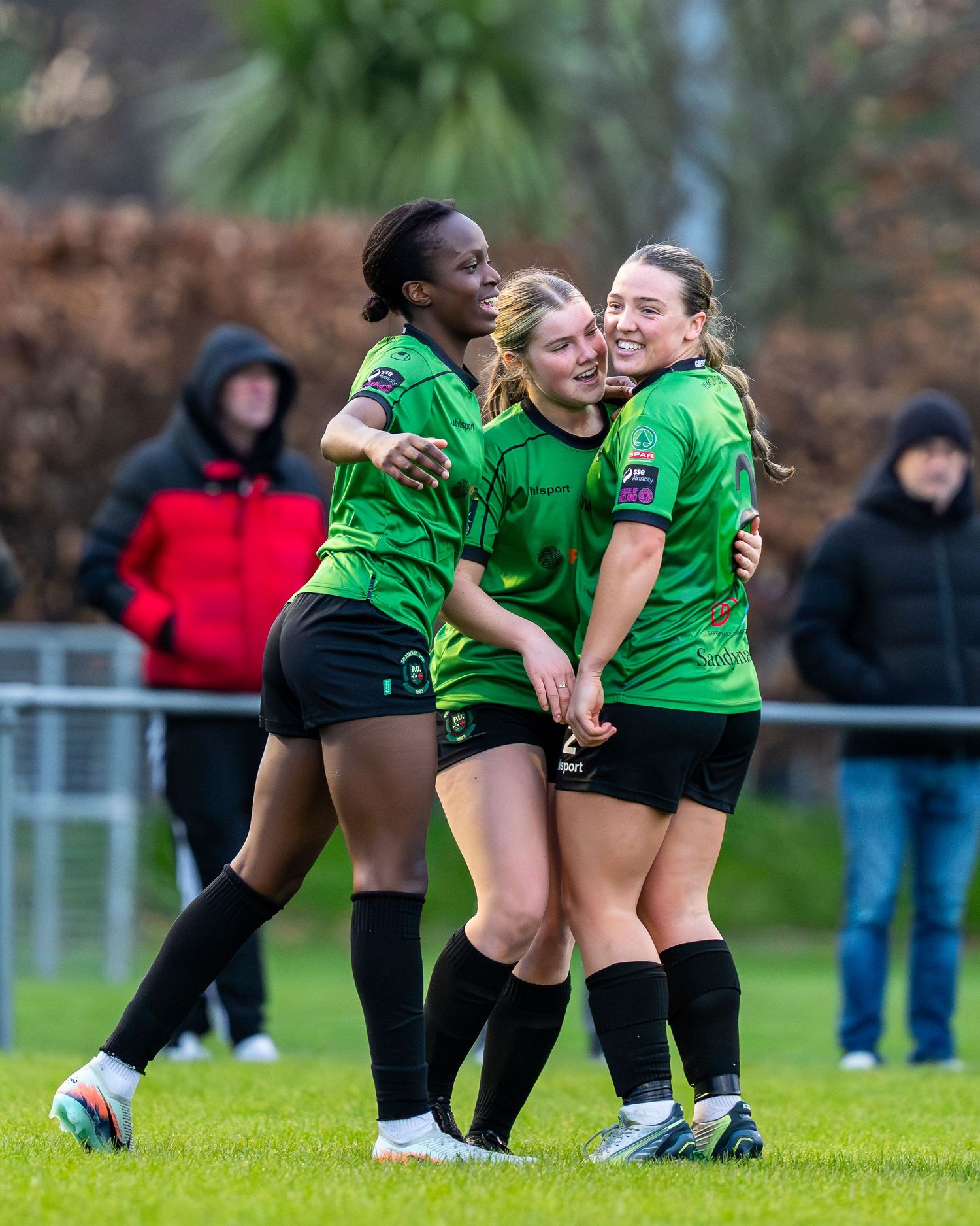 Sorchia Melia of Peamount Utd celebrates with her team after scoring the team's first goal in the SSE Airtricity Premier Division match.