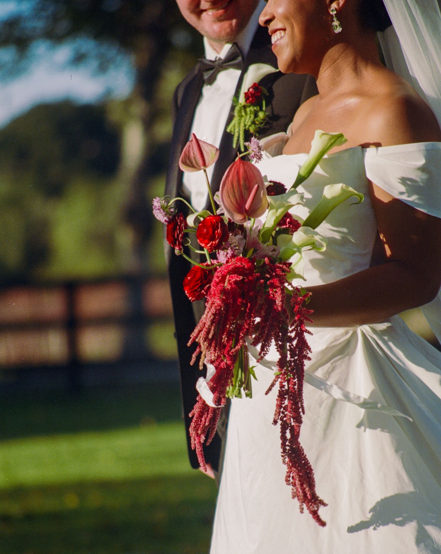 Bride holding stunning red and white cascading bouquet with calla lilies and amaranthus outdoors.