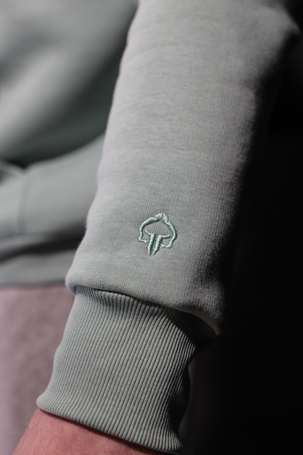 Close-up of sage green sweatshirt sleeve featuring embroidered Spartan helmet logo detail.