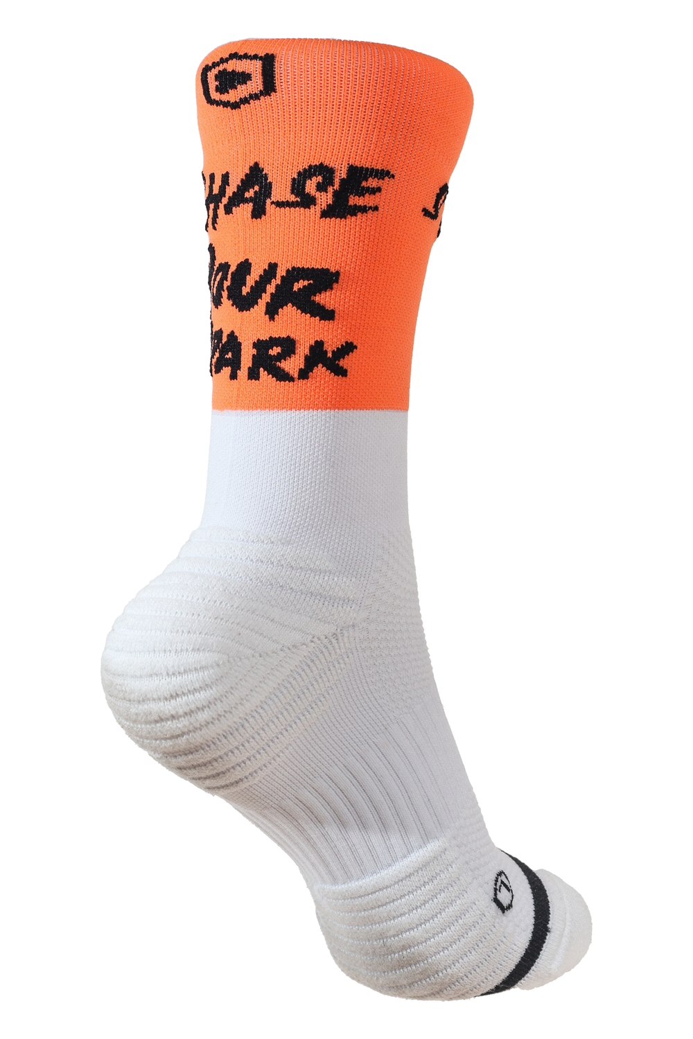 Orange and white athletic sock with 'Chase Your Mark' motivational text design.