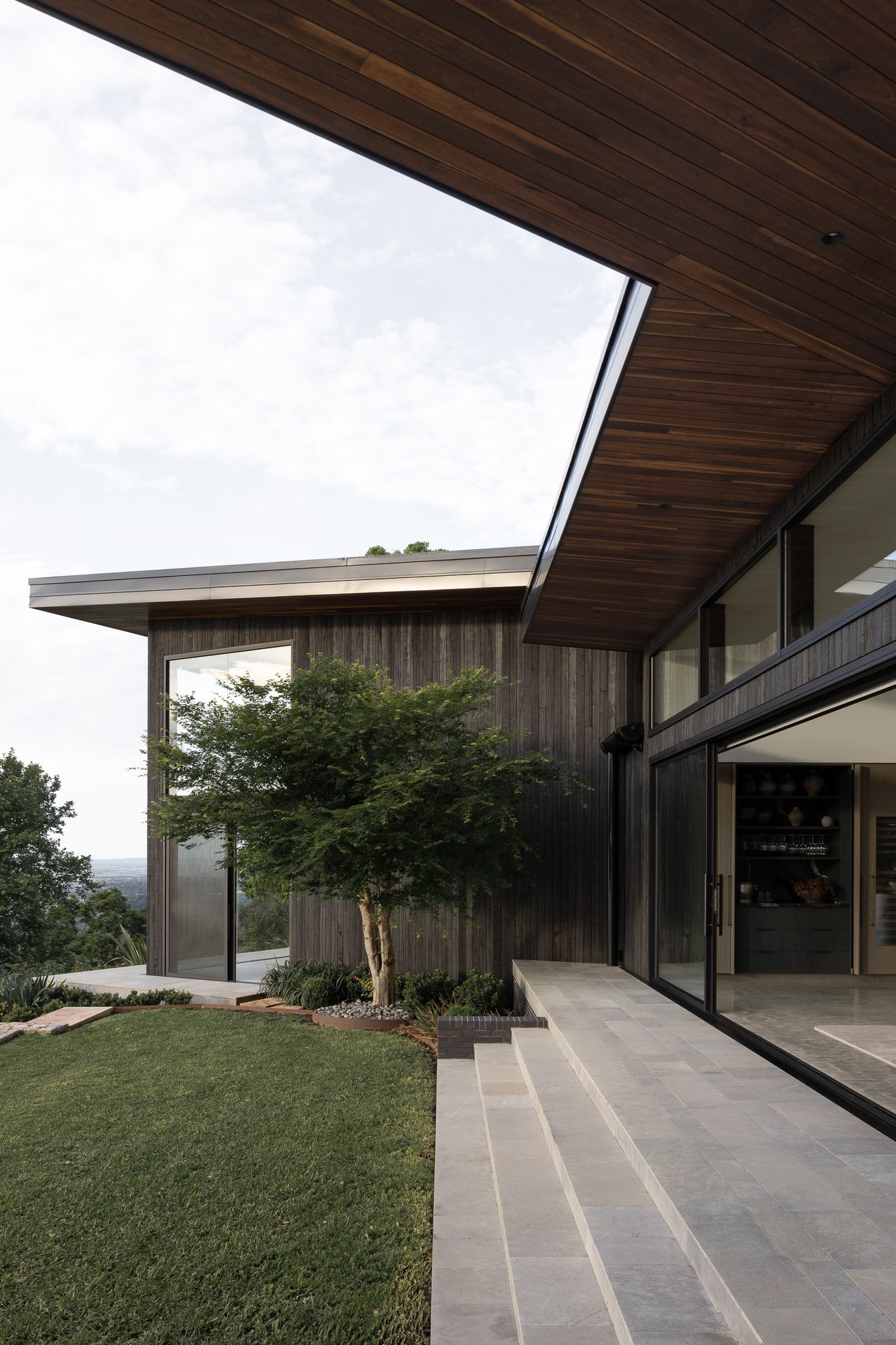 Modern wood-clad home exterior with stone steps, floor-to-ceiling glass doors, and a tree-filled courtyard with mountain views.