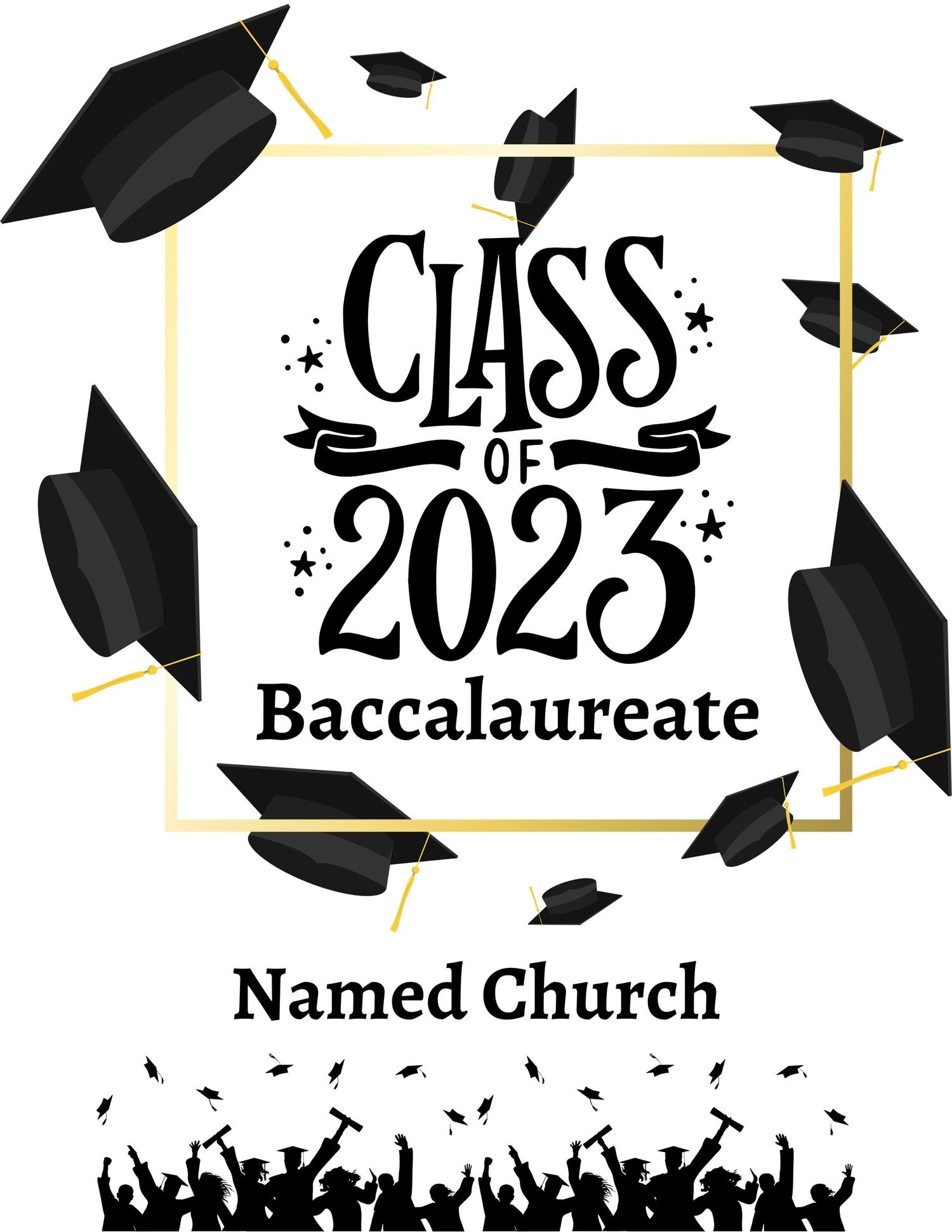 Class of 2023 Baccalaureate graduation announcement for Named Church with flying mortarboard caps celebration design.