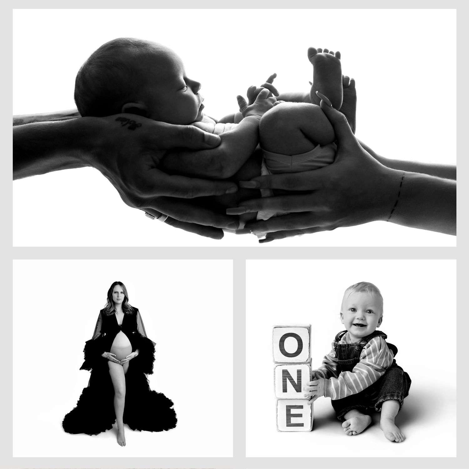Collage of a pregnant woman, mother with newborn, smiling baby boy, and toddler celebrating first birthday with cake.