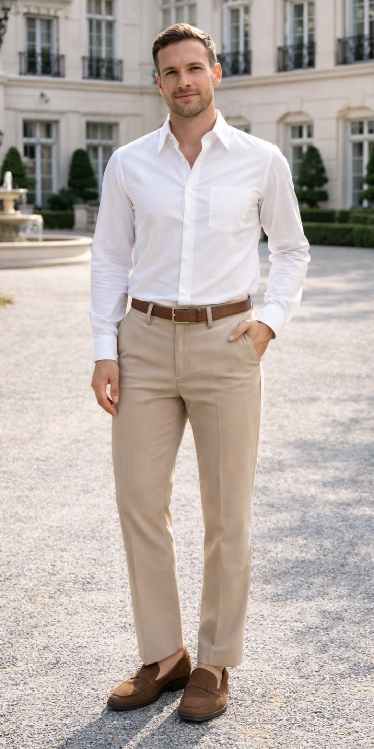 Man in white dress shirt, beige chinos, brown belt and loafers standing outside elegant building with fountain.