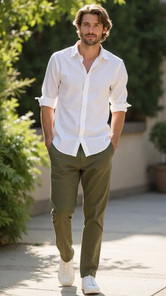 Man in white button-up shirt, olive chinos, and white sneakers walking outdoors on a sunny day.