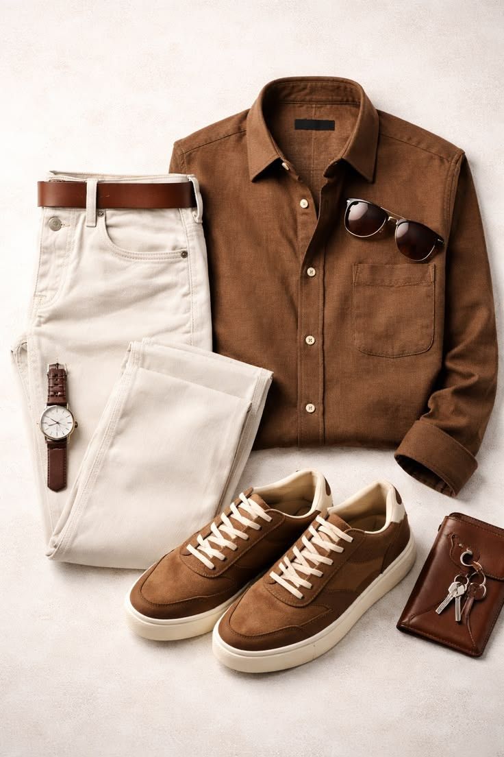 Men's casual outfit flat lay with brown shirt, white jeans, suede sneakers, sunglasses, watch, and leather wallet.