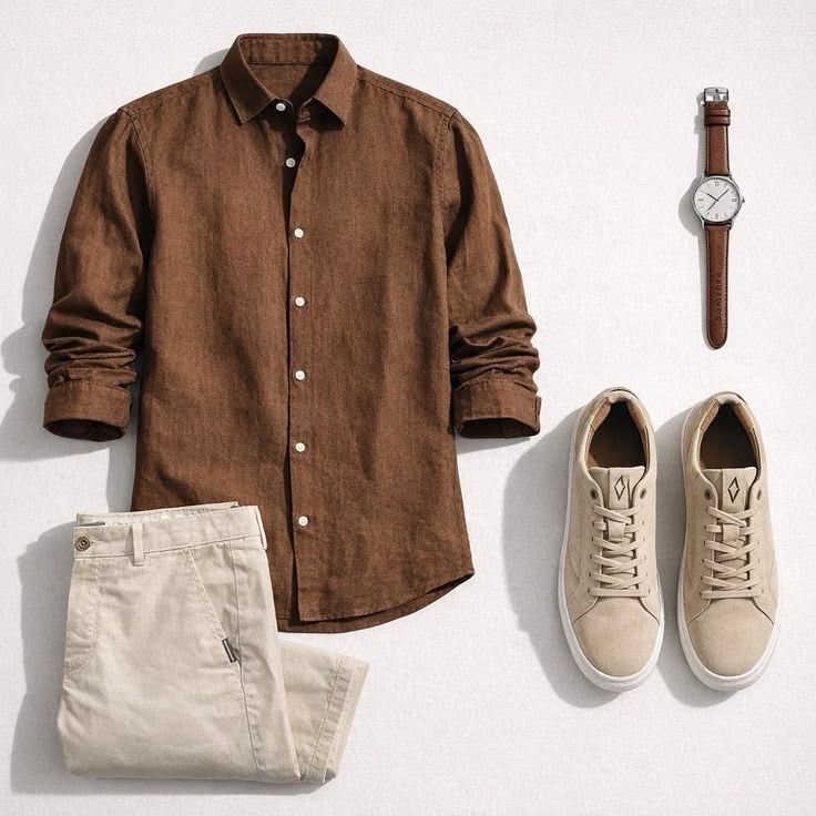 A men's casual outfit flat lay featuring a brown linen shirt, beige chinos, tan sneakers, and a leather-strap watch.