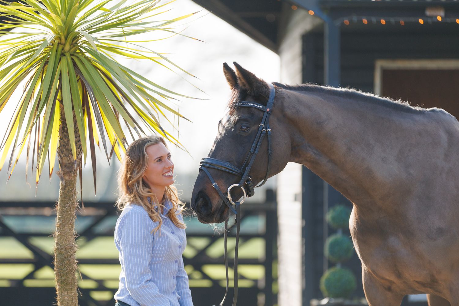 A horse and its rider enjoy an outdoor photoshoot session near rustic wooden fencing on a sunny day.