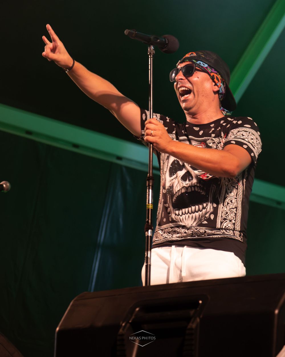 Energetic male performer singing on stage wearing skull print shirt, sunglasses, and cap, making peace sign at outdoor concert.