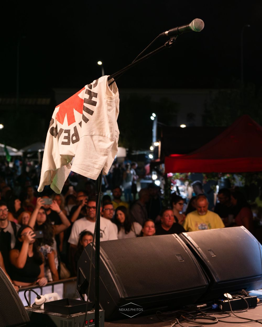 A Red Hot Chili Peppers flag waves on stage with a microphone and large crowd at an outdoor night concert.