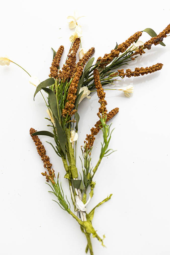 Dried brown seed stems with white flowers and green leaves bouquet on white background.