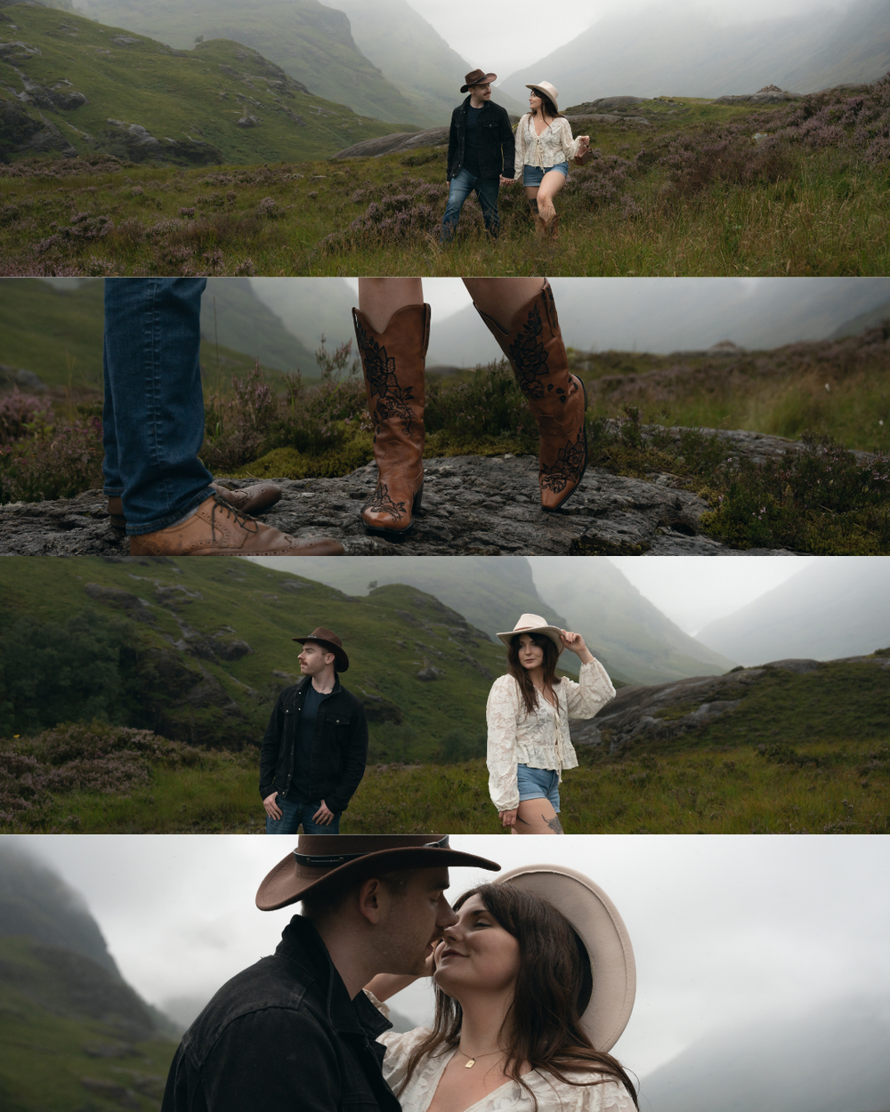 Couple walking hand-in-hand through misty green Scottish Highlands, wearing cowboy hats and boots, sharing a romantic kiss outdoors.