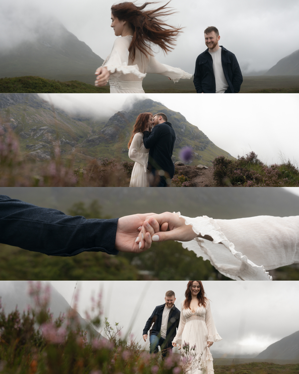 Romantic couple eloping in misty Scottish Highlands, bride in white dress with hair blowing in wind, holding hands among heather.