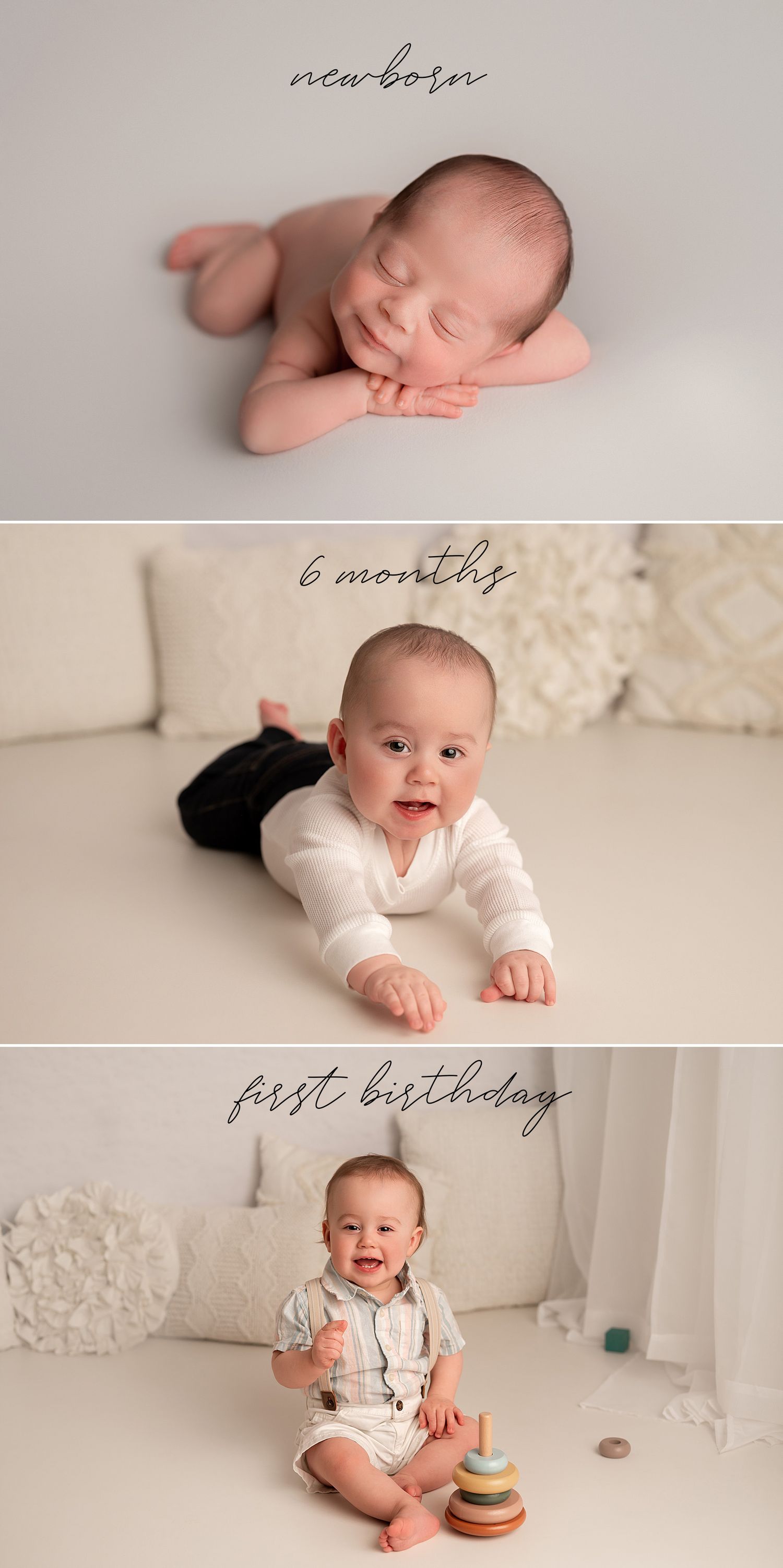 Photos done at newborn, 6 months, and one year old in my south hills of Pittsburgh photography studio. Grow with me baby photography.