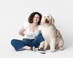 family studio portrait Sarasota white background parents with three kids and poodle clean modern timeless photography