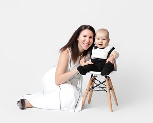 family studio portrait Sarasota white background parents with three kids and poodle clean modern timeless photography