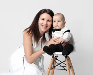family studio portrait Sarasota white background parents with three kids and poodle clean modern timeless photography