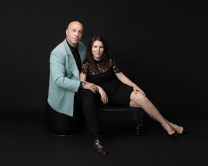 family studio portrait Sarasota white background parents with three kids and poodle clean modern timeless photography