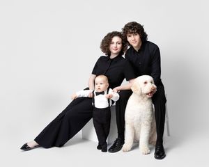 family studio portrait Sarasota white background parents with three kids and poodle clean modern timeless photography