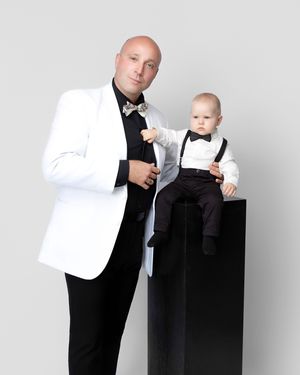 family studio portrait Sarasota white background parents with three kids and poodle clean modern timeless photography