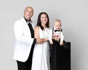 family studio portrait Sarasota white background parents with three kids and poodle clean modern timeless photography
