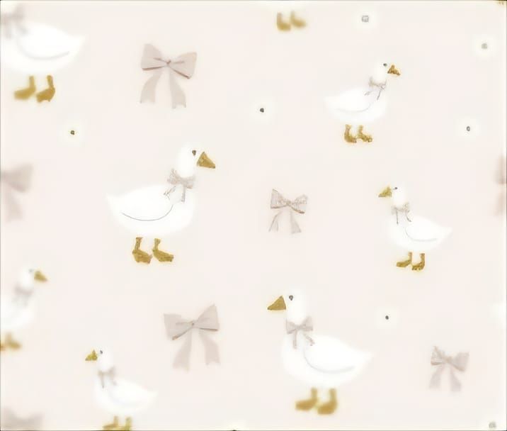 Cute white geese with gold feet and gray bows on a soft pink background fabric pattern.
