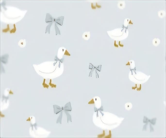 White geese with gold feet and gray bows among small flowers on a light blue fabric pattern.