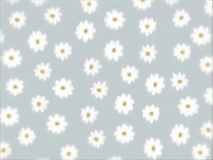 Delicate white daisy flowers with gold centers scattered on a soft gray background pattern.