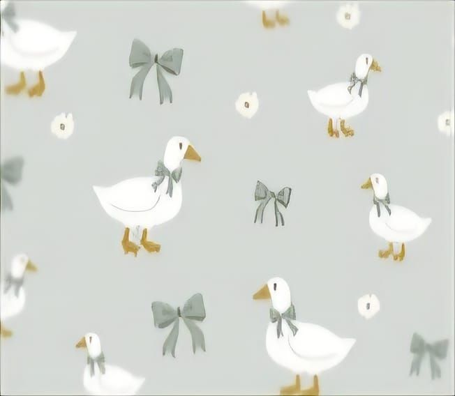 Cute white geese with sage bows and flowers on gray fabric pattern.