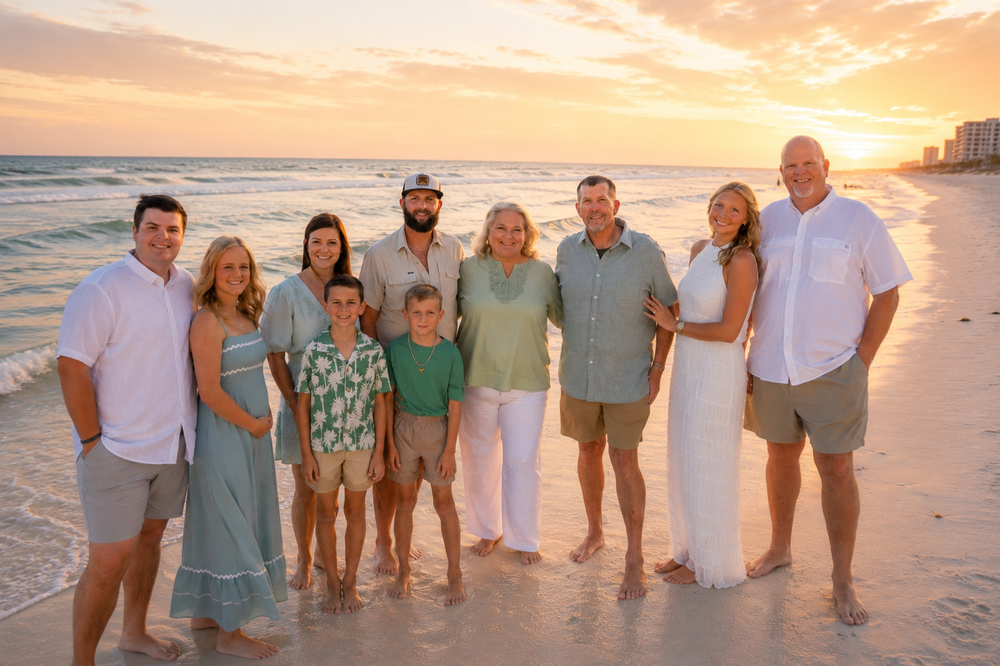 Extended family of nine posing together on sandy beach during golden sunset with ocean waves behind them.
