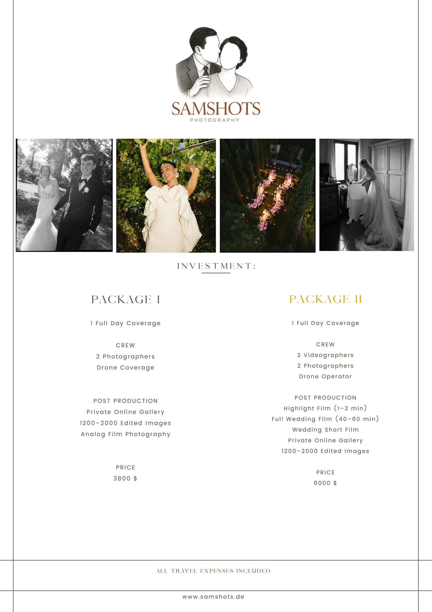 Wedding photography pricing packages and sample images displayed in an elegant marketing layout with black and white photos.