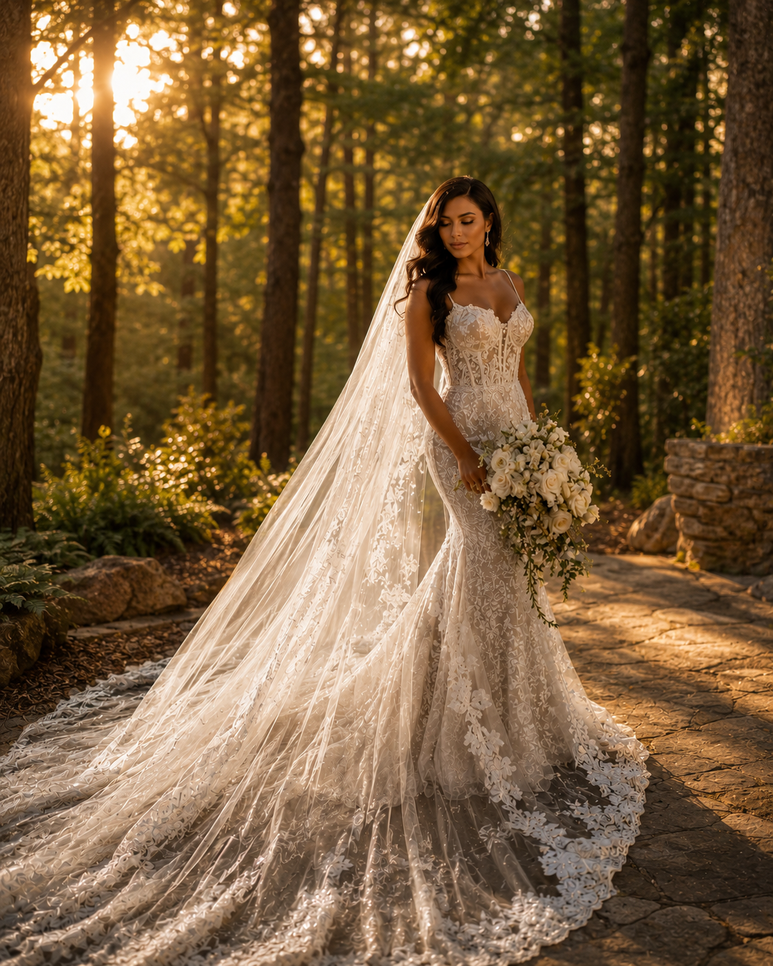 Bride in lace mermaid gown with cathedral veil walking through sunlit forest path.