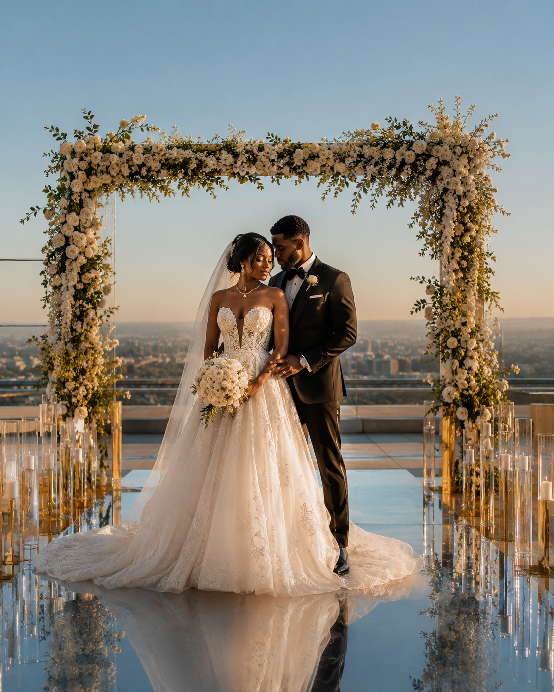 Elegant bride and groom standing under floral arch on rooftop venue at golden hour.