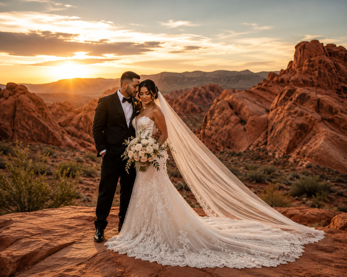 Bride and groom posing at sunset among red rock formations in Valley of Fire, Nevada.