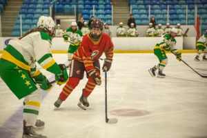 Hockey players in red and green jerseys compete for the puck on an indoor rink during a competitive match.