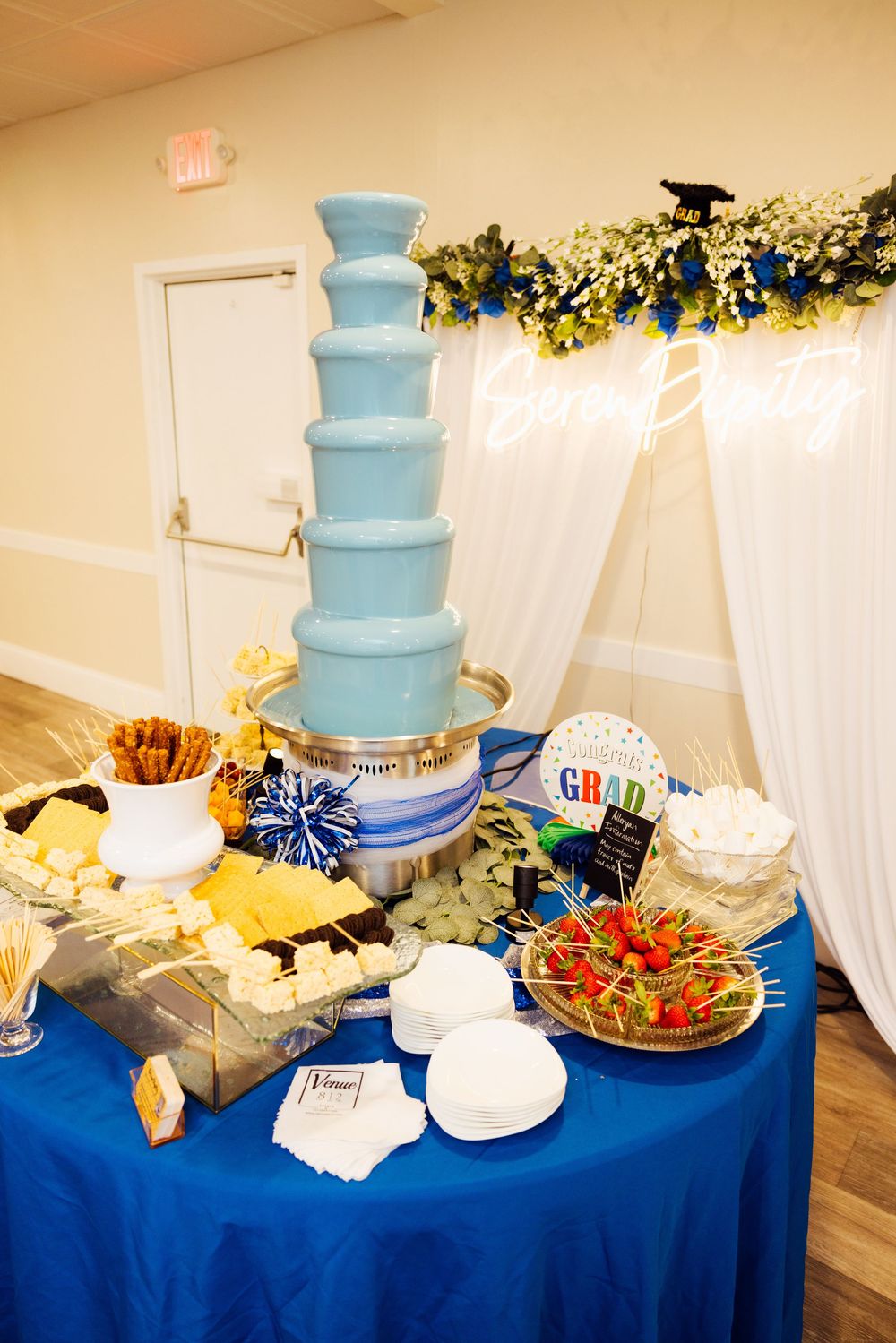 Branding session with blue chocolate fountain display with various snacks and treats on an elegant buffet table.