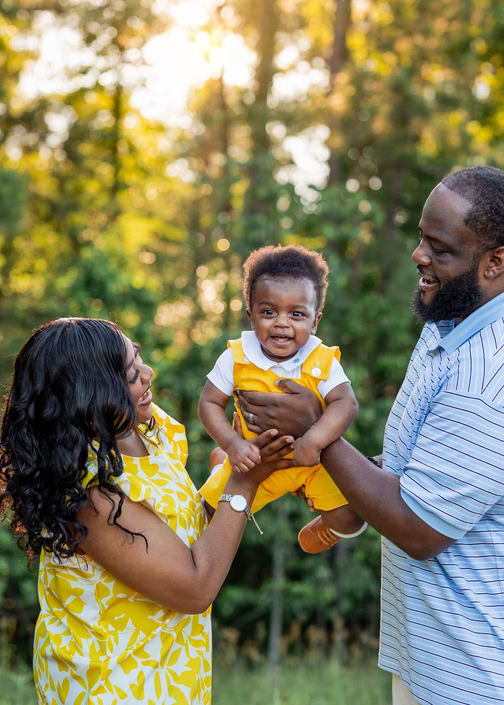 A family shares joyful moments together in a series of candid photos taken outdoors during golden hour in Kingwood, Texas.