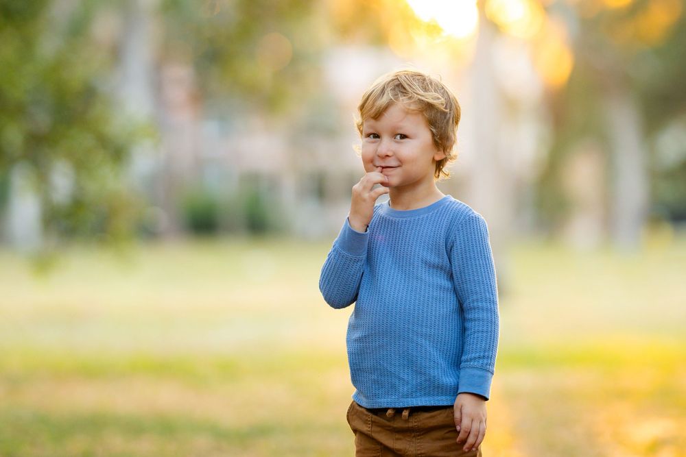 A young child in a blue sweater stands outdoors in autumn light with a thoughtful expression.