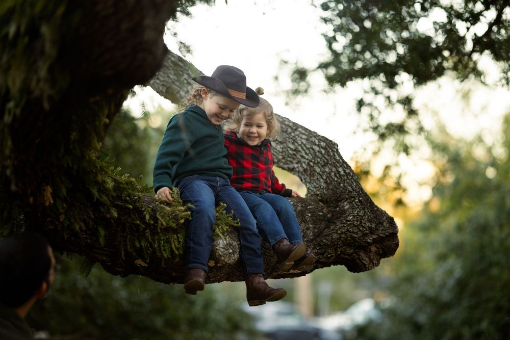 Two children in casual wear sit together on a large tree branch during golden hour in a peaceful outdoor setting.