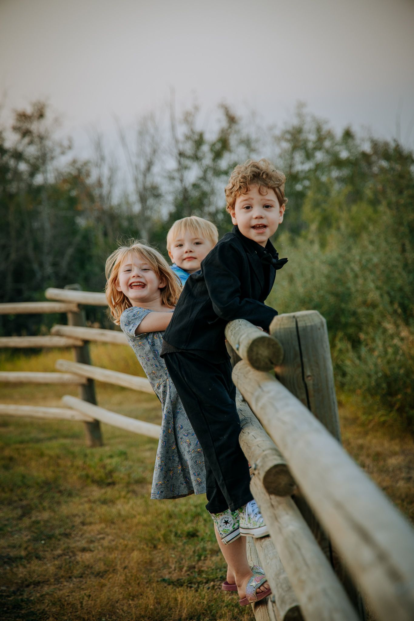 Playful children climbing on wooden fence rail outdoors with natural background.