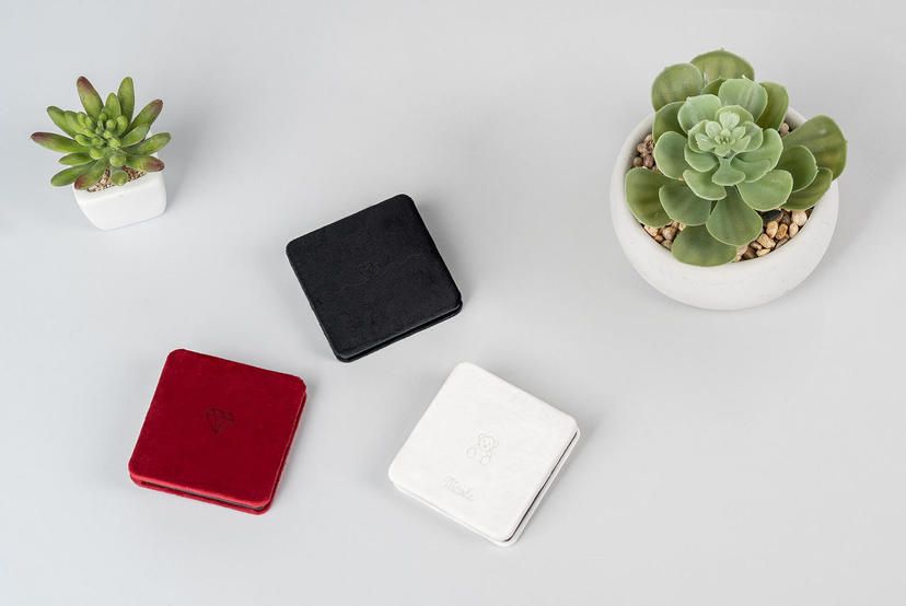 Three jewelry boxes in black, red and white with small succulent plants on grey background.