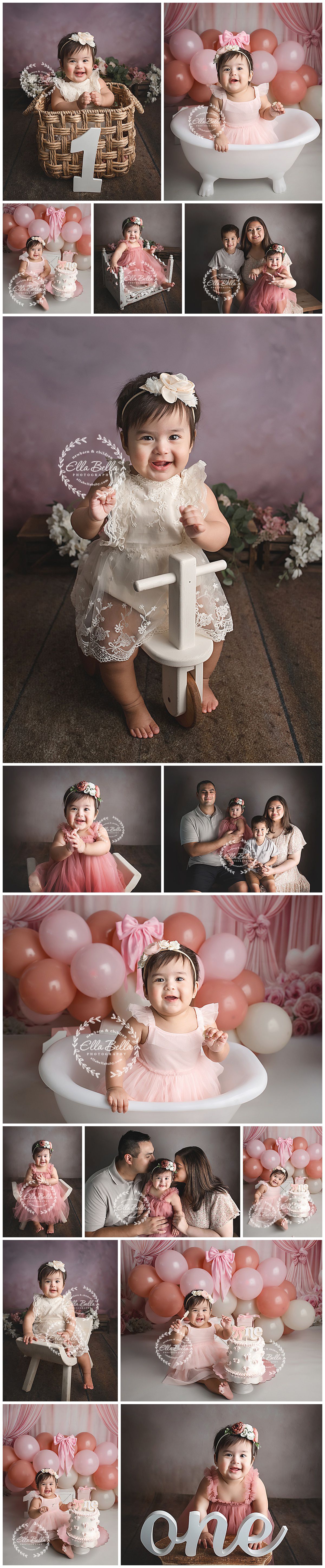 First birthday photoshoot featuring pink and white decor with vintage props including a bathtub, balloons, and celebration cake.
