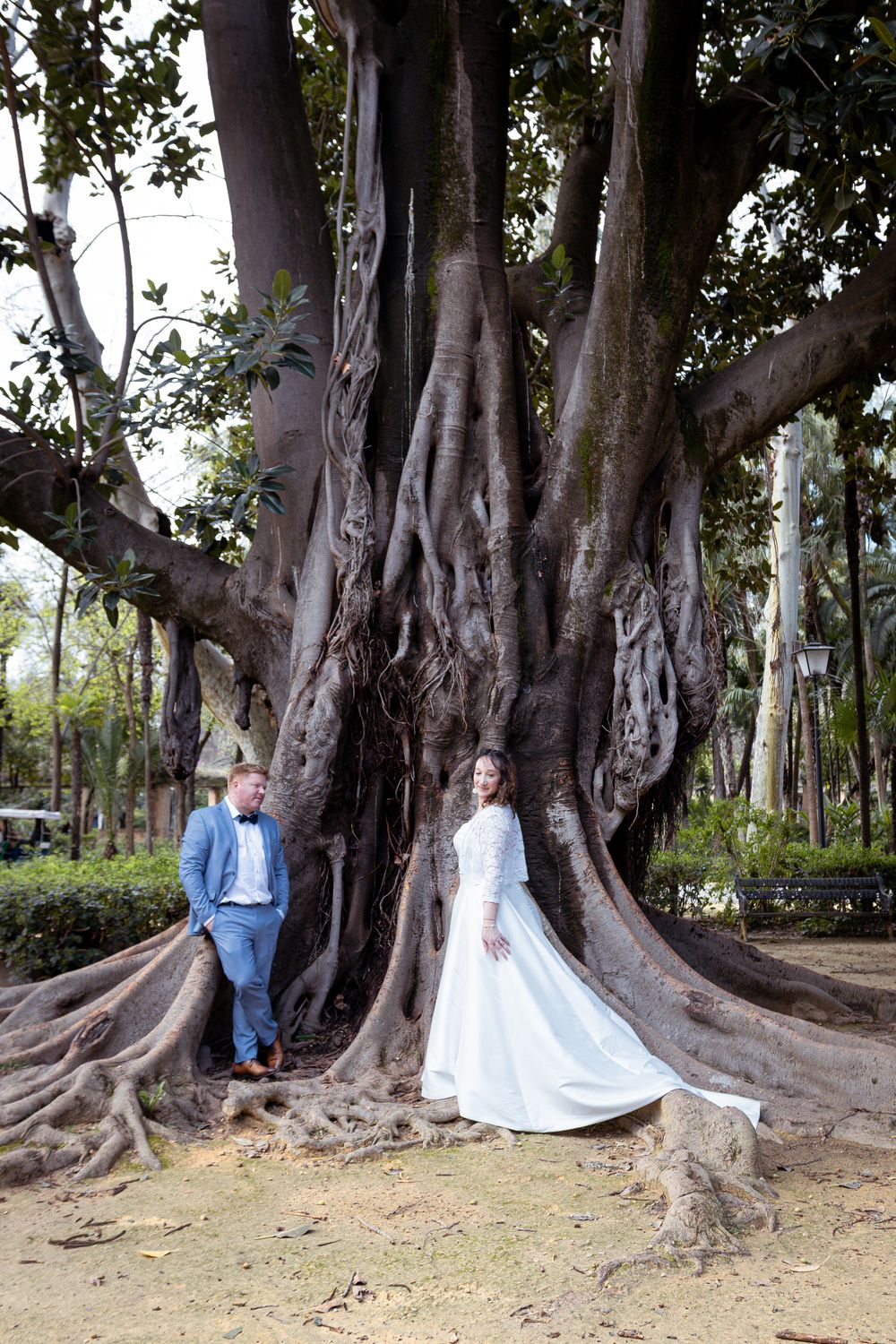 A couple poses for wedding photos among massive trees with sprawling roots in a scenic outdoor setting.