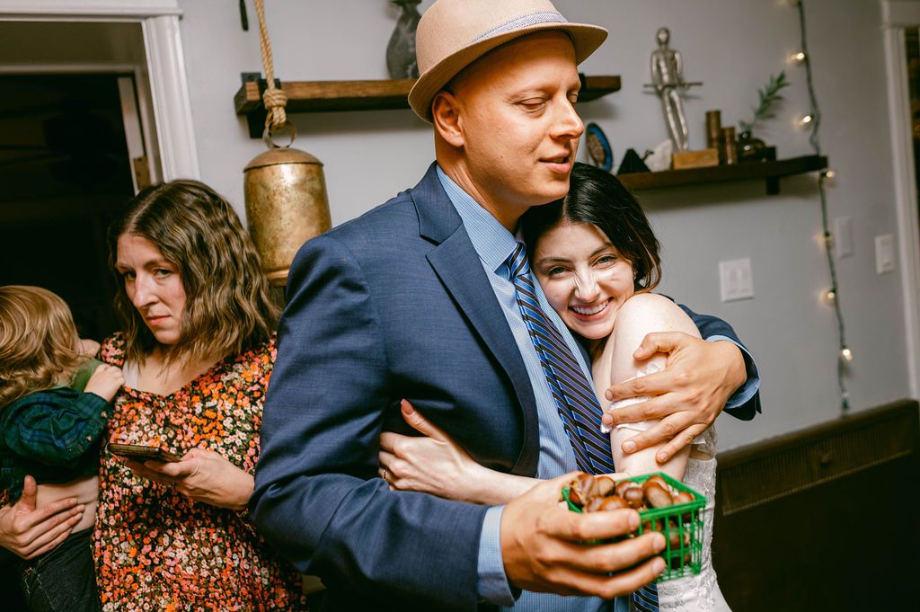 A series of candid dance photos showing couples embracing and dancing together at a formal event.