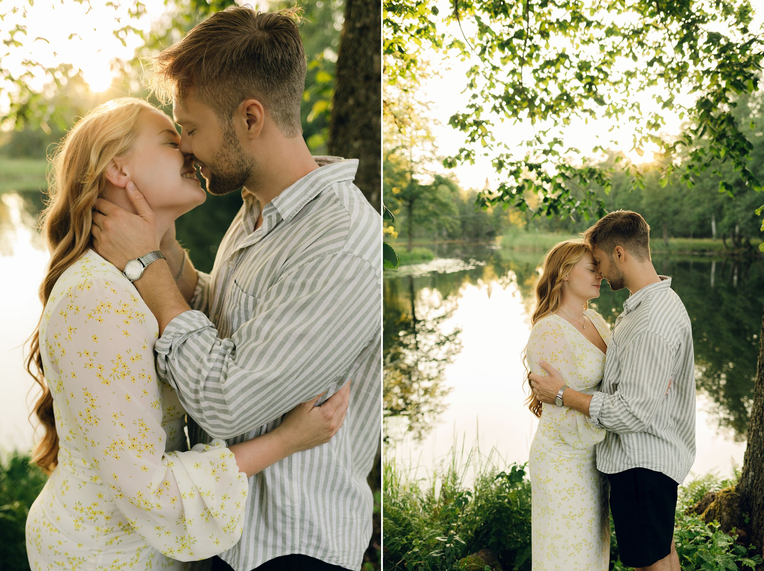 Parfotografering med Martina och Sebastian i Borgvik utanför Karlstad. Framför sjön i Borgvik, två bilder ihopsatta.